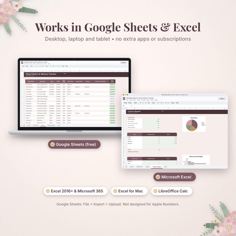 May include: A digital spreadsheet template for tracking wedding meal choices and dietary needs, compatible with Google Sheets and Excel. The interface displays a meal tracker table and a catering report with charts on a light background.