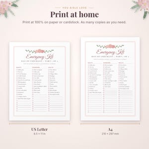 May include: Two printable emergency kit checklists with floral headers and checkboxes. The text reads You Aisle Love, Print at home, Emergency Kit, Day-of Checklist Part 1 of 2. Includes US Letter size 8.5 x 11 inches and A4 size 210 x 297 mm.