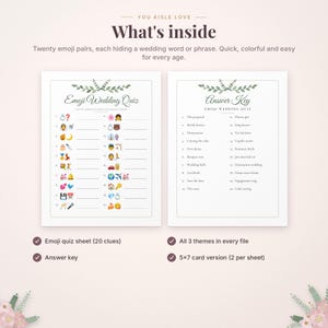 May include: A printable wedding game set featuring an Emoji Wedding Quiz sheet with twenty emoji clues and a corresponding Answer Key. The documents include a decorative green leaf header and numbered lines for writing answers.