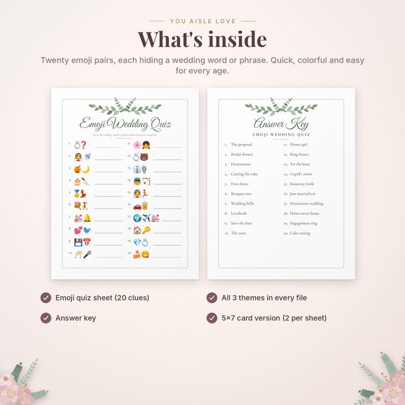 May include: A printable wedding game set featuring an Emoji Wedding Quiz sheet with twenty emoji clues and a corresponding Answer Key. The documents include a decorative green leaf header and numbered lines for writing answers.