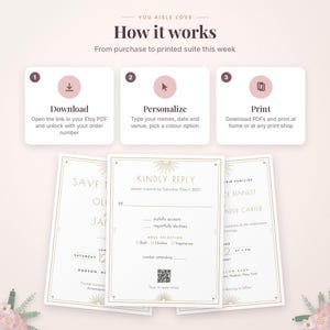 K&ouml;nnte beinhalten: Eine Anleitungsgrafik mit dem Titel How it works und drei Schritten: Download, Personalize und Print. Darunter befinden sich drei Hochzeitseinladungskarten mit goldenen Sonnen-Symbolen, Text wie Kindly Reply und einem QR-Code f&uuml;r Antworten.