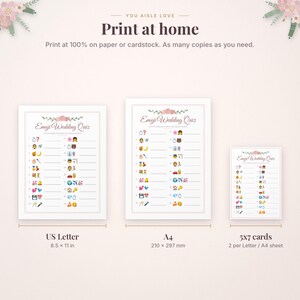 May include: A digital printable Emoji Wedding Quiz game featuring floral accents. Includes three sizes: US Letter 8.5 x 11 inches, A4 210 x 297 mm, and 5 x 7 inch cards. The text reads: You Aisle Love, Print at home, Emoji Wedding Quiz.