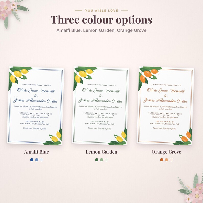 Może przedstawiać: Trzy szablony zaproszeń ślubnych z tekstem 'You aisle love' oraz 'Three colour options'. Projekty obejmują motywy Amalfi Blue, Lemon Garden i Orange Grove, prezentujące imiona, daty i szczeg&oacute;ły miejsca z pasującymi ilustracjami owoc&oacute;w.