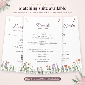 May include: A white wedding details card featuring a wildflower meadow illustration at the bottom with red, blue, and purple flowers. The text includes ceremony, reception, and accommodation information for Olivia and James at The Willow Barn.