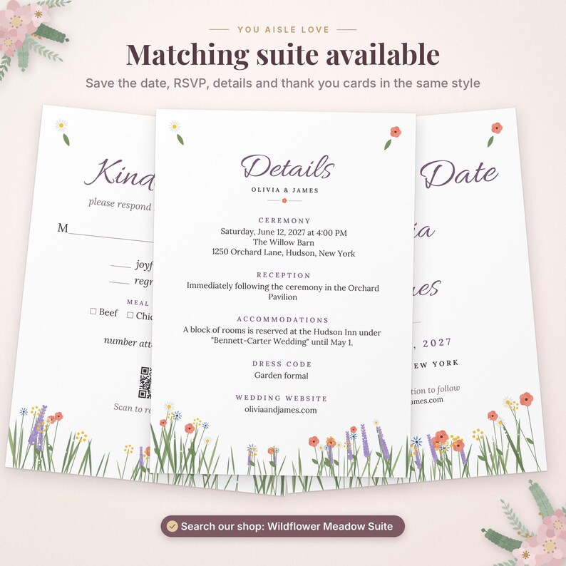 May include: A white wedding details card featuring a wildflower meadow illustration at the bottom with red, blue, and purple flowers. The text includes ceremony, reception, and accommodation information for Olivia and James at The Willow Barn.