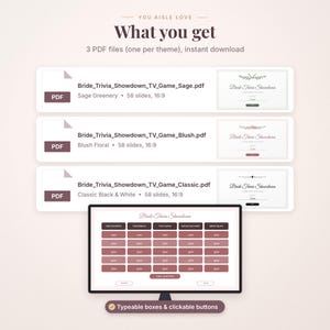 May include: Three digital PDF files titled Bride_Trivia_Showdown in Sage Greenery, Blush Floral, and Classic Black & White themes. Each file contains 58 slides in 16:9 format. A computer monitor displays a trivia game board with typeable boxes.
