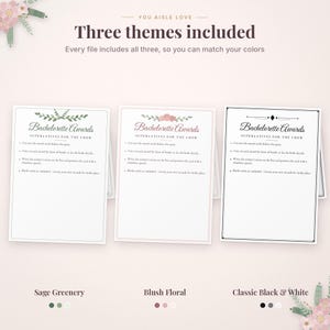 May include: Three printable Bachelorette Awards cards featuring the text 'Bachelorette Awards SUPERLATIVES FOR THE CREW' with three distinct designs: sage greenery, blush floral, and classic black and white borders.