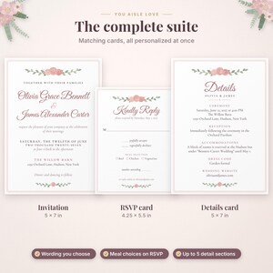 May include: A wedding stationery suite featuring an invitation, RSVP card, and details card with pink floral accents. The invitation measures 5 by 7 inches, the RSVP card 4.25 by 5.5 inches, and the details card 5 by 7 inches.