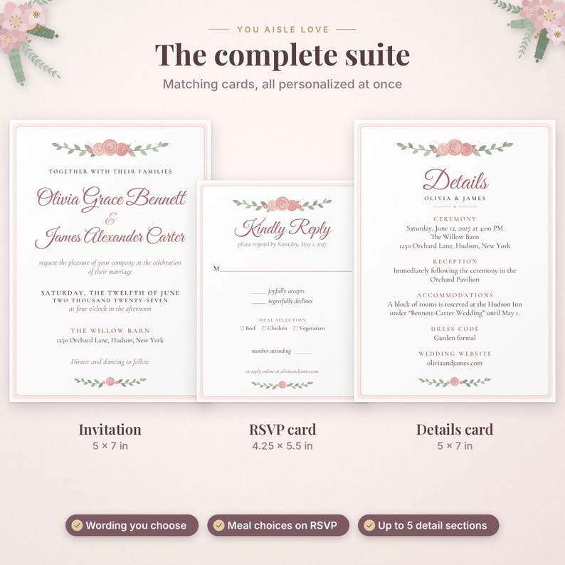 May include: A wedding stationery suite featuring an invitation, RSVP card, and details card with pink floral accents. The invitation measures 5 by 7 inches, the RSVP card 4.25 by 5.5 inches, and the details card 5 by 7 inches.