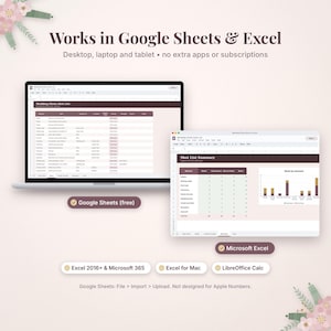 May include: A digital wedding photo shot list template displayed on two laptop screens. The text reads Works in Google Sheets & Excel, Desktop, laptop and tablet, no extra apps or subscriptions, Google Sheets (free), Microsoft Excel, Excel 2016+ & Microsoft 365, Excel for Mac, LibreOffice Calc, and Google Sheets: File > Import > Upload. Not designed for Apple Numbers.