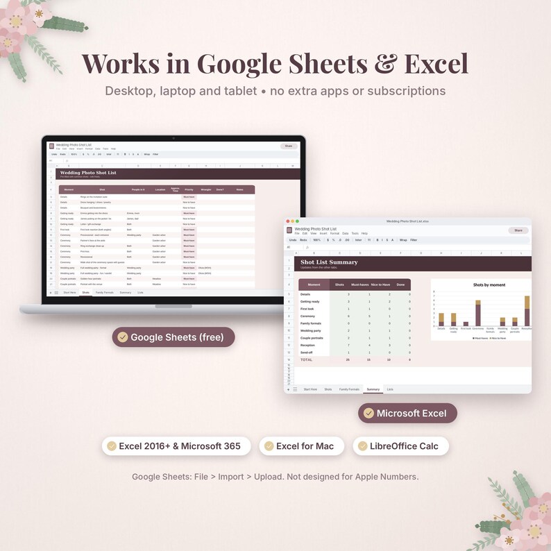 May include: A digital wedding photo shot list template displayed on two laptop screens. The text reads Works in Google Sheets & Excel, Desktop, laptop and tablet, no extra apps or subscriptions, Google Sheets (free), Microsoft Excel, Excel 2016+ & Microsoft 365, Excel for Mac, LibreOffice Calc, and Google Sheets: File > Import > Upload. Not designed for Apple Numbers.