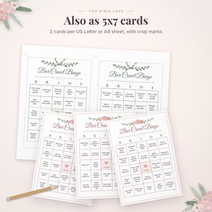May include: A set of printable Bar Crawl Bingo cards for a bride, featuring a 5x5 grid with text, floral accents, and the title Bar Crawl Bingo. The cards are displayed as 5x7 inch sheets and a larger layout with crop marks for US Letter paper.