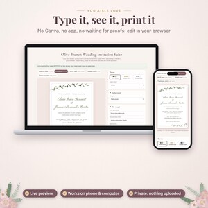 以下が含まれることがあります： ノートパソコンとスマートフォンに表示された「Olive Branch Wedding Invitation Suite」というタイトルのデジタル結婚式招待状エディター。インターフェースには名前や日付を入力するテキストフィールドがあり、オリーブの枝のイラストが描かれた白いカードのプレビューが表示されています。