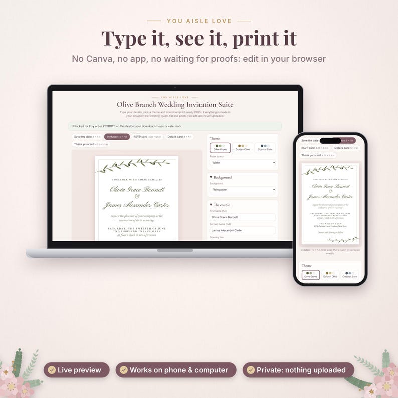 以下が含まれることがあります： ノートパソコンとスマートフォンに表示された「Olive Branch Wedding Invitation Suite」というタイトルのデジタル結婚式招待状エディター。インターフェースには名前や日付を入力するテキストフィールドがあり、オリーブの枝のイラストが描かれた白いカードのプレビューが表示されています。