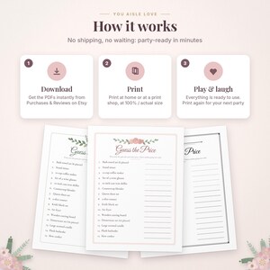 May include: A digital party game set titled You Aisle Love featuring three instructional steps and three printable Guess the Price game cards. The cards display a floral header, a numbered list of household items, and blank lines for writing.