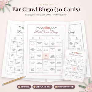 May include: A set of Bar Crawl Bingo game cards featuring a floral header, the word BRIDE as column headers, and various activity prompts in a grid. The cards are white with pink accents and include a central heart icon labeled CHEERS.