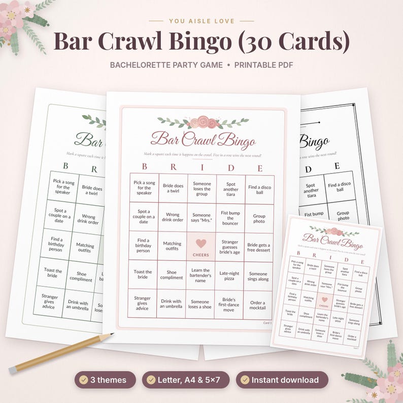 May include: A set of Bar Crawl Bingo game cards featuring a floral header, the word BRIDE as column headers, and various activity prompts in a grid. The cards are white with pink accents and include a central heart icon labeled CHEERS.