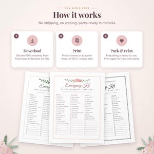 May include: A digital printable emergency kit checklist with three white pages featuring floral headers and columns for beauty, wardrobe, and health items. The top section displays instructions labeled How it works with steps to download, print, and pack.