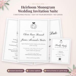 May include: A wedding invitation suite featuring white cards with black text and a monogram logo with a bow. The main invitation displays the names Olivia Grace Bennett and James Alexander Carter, with details for a ceremony at The Willow Barn.