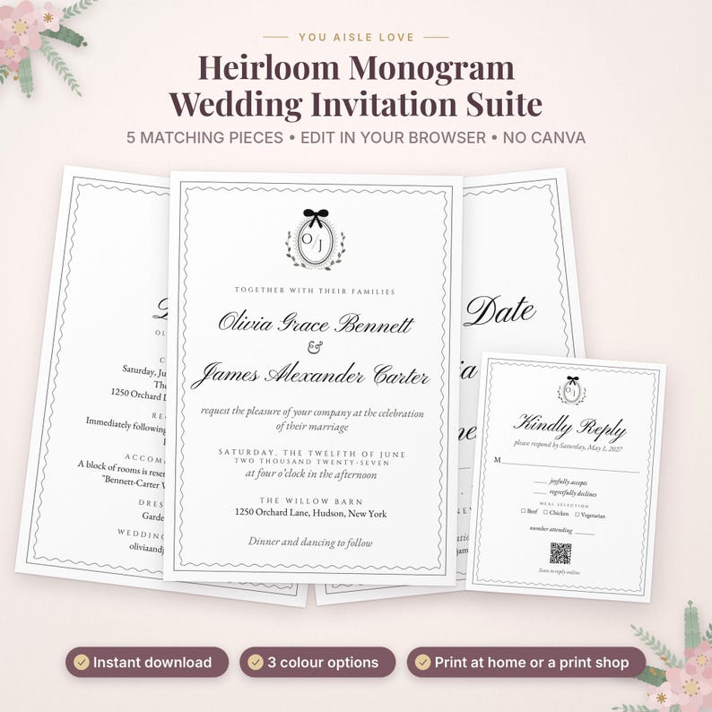 May include: A wedding invitation suite featuring white cards with black text and a monogram logo with a bow. The main invitation displays the names Olivia Grace Bennett and James Alexander Carter, with details for a ceremony at The Willow Barn.