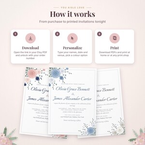 May include: An instructional graphic titled How it works with three steps: Download, Personalize, and Print. Below are three wedding invitation templates featuring floral illustrations in blue and pink tones with elegant serif typography.