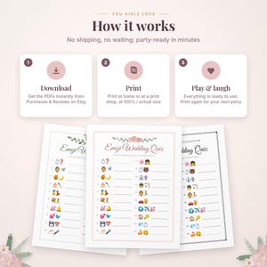 May include: A digital printable Emoji Wedding Quiz game featuring three white sheets with floral headers, numbered lists, and emoji sequences. The top section displays instructions for downloading, printing, and playing the game.