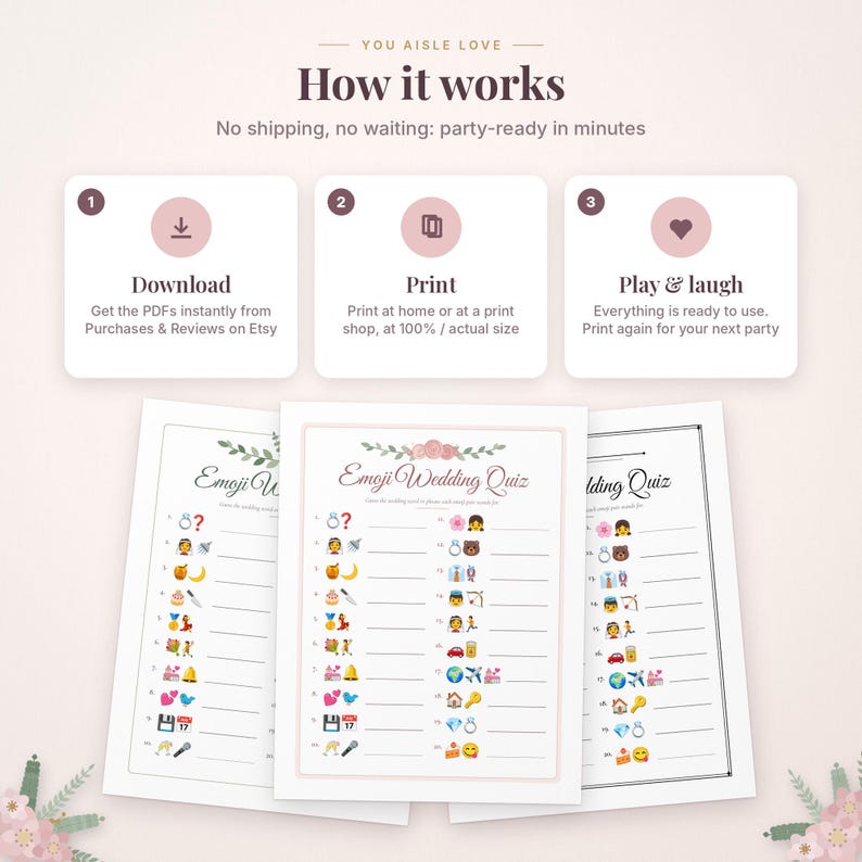 May include: A digital printable Emoji Wedding Quiz game featuring three white sheets with floral headers, numbered lists, and emoji sequences. The top section displays instructions for downloading, printing, and playing the game.