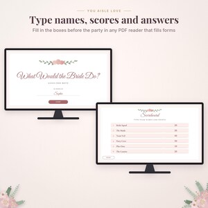 May include: Two computer monitors display digital bridal shower games. The left screen shows the title What Would the Bride Do? with a floral graphic. The right screen displays a Scoreboard with team names and points. Text includes Type names, scores and answers.