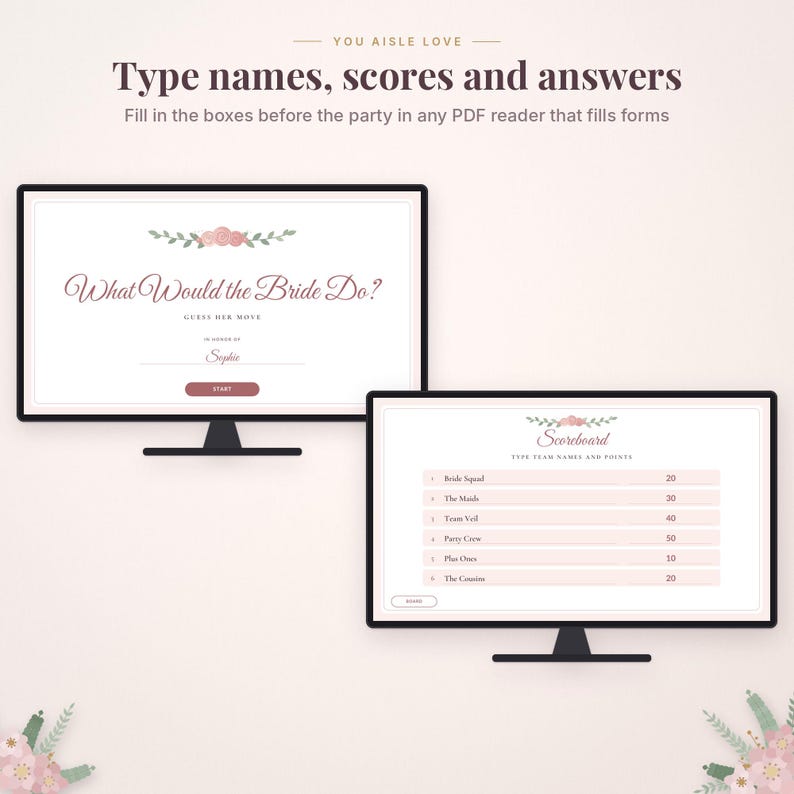 May include: Two computer monitors display digital bridal shower games. The left screen shows the title What Would the Bride Do? with a floral graphic. The right screen displays a Scoreboard with team names and points. Text includes Type names, scores and answers.