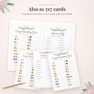 May include: A printable wedding game set featuring Emoji Wedding Quiz sheets and answer keys. The text reads "Also as 5x7 cards, 2 cards per US Letter or A4 sheet, with crop marks." The cards include lists of emojis with blank lines for answers.
