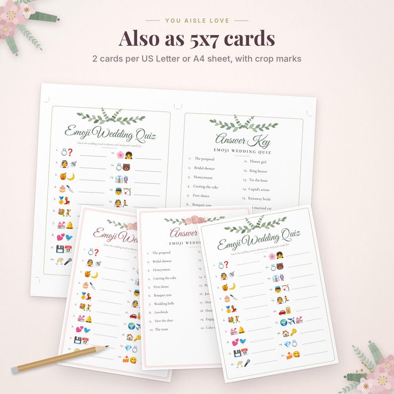 May include: A printable wedding game set featuring Emoji Wedding Quiz sheets and answer keys. The text reads "Also as 5x7 cards, 2 cards per US Letter or A4 sheet, with crop marks." The cards include lists of emojis with blank lines for answers.