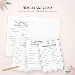 May include: A printable Wedding I Spy game card set featuring a checklist of wedding moments. The text reads 'YOU AISLE LOVE', 'Also as 5x7 cards', '2 cards per US Letter or A4 sheet, with crop marks', and 'Wedding I Spy'. A pencil is included.