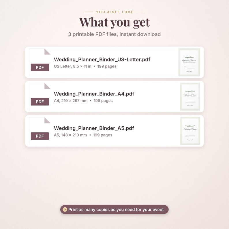 May include: Three digital PDF files for a wedding planner binder. The list includes Wedding_Planner_Binder_US-Letter.pdf at 8.5 x 11 inches, Wedding_Planner_Binder_A4.pdf at 210 x 297 mm, and Wedding_Planner_Binder_A5.pdf at 148 x 210 mm, each with 199 pages.