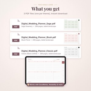 May include: Three digital PDF wedding planner files titled Digital_Wedding_Planner_Sage.pdf, Digital_Wedding_Planner_Blush.pdf, and Digital_Wedding_Planner_Classic.pdf, each with 299 pages, displayed above a tablet showing a weekly planner layout.