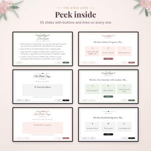 May include: A digital game set featuring 55 interactive slides with buttons and links. The slides include a host guide and multiple choice scenarios titled The Bride Says, with text prompts, answer boxes, and reveal buttons in pink and green.