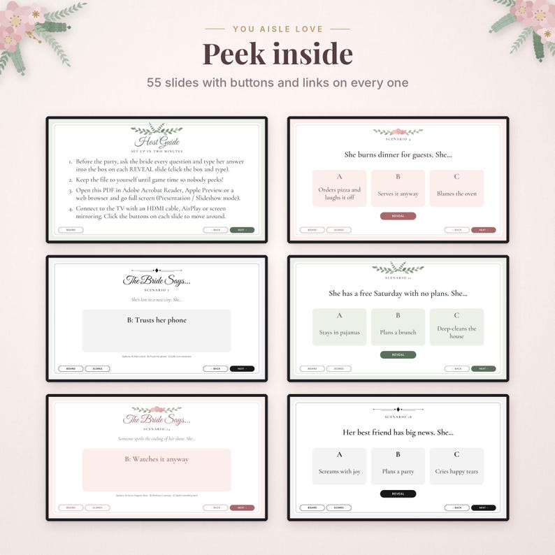 May include: A digital game set featuring 55 interactive slides with buttons and links. The slides include a host guide and multiple choice scenarios titled The Bride Says, with text prompts, answer boxes, and reveal buttons in pink and green.