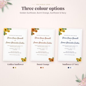 Puede incluir: Tres tarjetas de invitaci&oacute;n de boda con ilustraciones de girasoles en las esquinas. El texto dice: Together with their families, Olivia Grace Bennett & James Alexander Carter request the pleasure of your company at the celebration of their marriage.