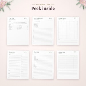 May include: Six white pages from a wedding planner featuring black text and lines. The pages are titled Start Here, 10-12 Months Before, Monthly Planner, Weekly Plan, Venue Visit, and Catering Tasting, with floral accents at the top.