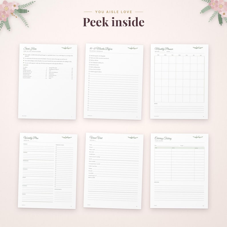 May include: Six white pages from a wedding planner featuring black text and lines. The pages are titled Start Here, 10-12 Months Before, Monthly Planner, Weekly Plan, Venue Visit, and Catering Tasting, with floral accents at the top.
