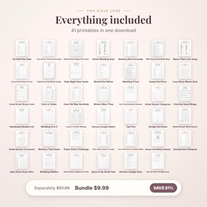 May include: A digital collection of 41 printable wedding game sheets and activity cards titled You Aisle Love. The set includes various bridal shower activities like bingo, trivia, word scrambles, and quizzes, all displayed in a grid layout.