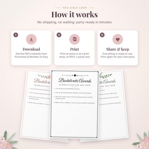 May include: A digital instructional graphic titled You Aisle Love How it works, featuring three steps: Download, Print, and Share & keep. Below are three white rectangular cards labeled Bachelorette Awards Superlatives for the crew.