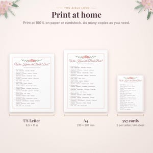 May include: A digital bridal shower game titled Who Knows the Bride Best? featuring pink floral accents. The image displays three layout options: US Letter 8.5 x 11 inches, A4 210 x 297 mm, and 5x7 inch cards, with text instructions for home printing.