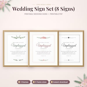 May include: A set of three framed wedding signs with the text "Welcome to our Unplugged Ceremony" and instructions to turn off phones and cameras. The signs feature floral and geometric accents in green, pink, and black ink on white paper.