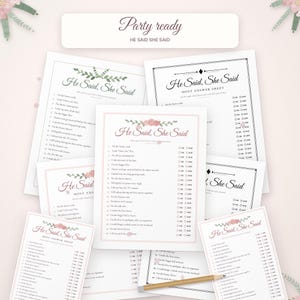 May include: A collection of He Said She Said wedding game cards featuring floral accents, black text, and checkboxes for answers. The cards include a host answer sheet and a wooden pencil resting on top of the printed paper game sheets.