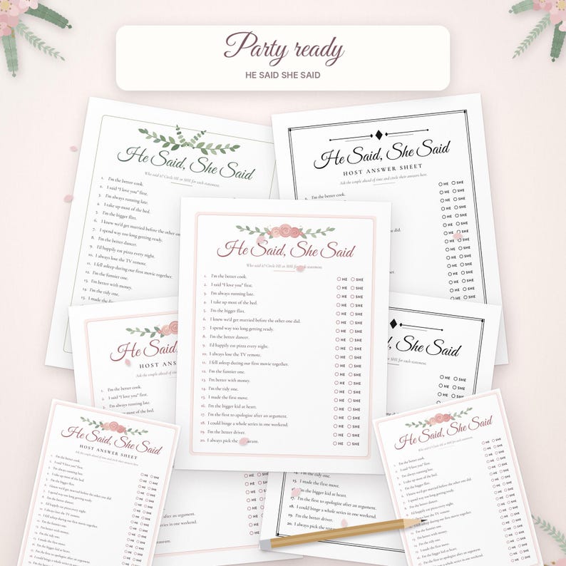 May include: A collection of He Said She Said wedding game cards featuring floral accents, black text, and checkboxes for answers. The cards include a host answer sheet and a wooden pencil resting on top of the printed paper game sheets.