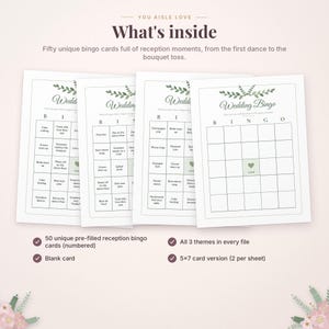 May include: Four white wedding bingo cards with green leaf illustrations at the top. Each card features a grid with the letters BINGO and a central square labelled LOVE. Text includes What's inside, Fifty unique bingo cards, and 5x7 card version.