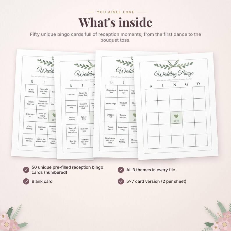 May include: Four white wedding bingo cards with green leaf illustrations at the top. Each card features a grid with the letters BINGO and a central square labelled LOVE. Text includes What's inside, Fifty unique bingo cards, and 5x7 card version.