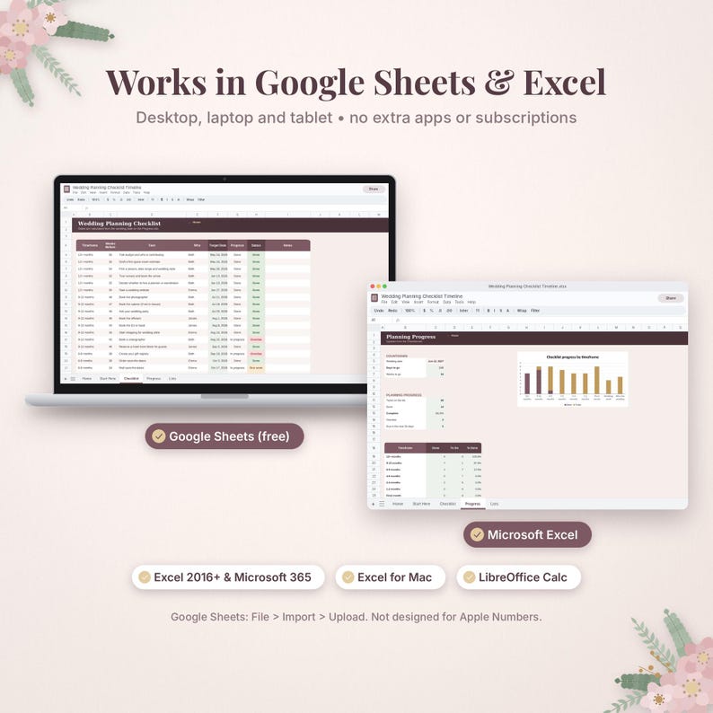 May include: A digital wedding planning spreadsheet template displayed on two screens, featuring a checklist and progress charts. Text includes Works in Google Sheets & Excel, Google Sheets (free), Microsoft Excel, Excel 2016+ & Microsoft 365, Excel for Mac, and LibreOffice Calc.
