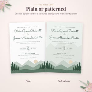 May include: Two wedding invitation cards featuring the text 'You aisle love', 'Plain or patterned', and 'Choose a plain card or a coloured background with a soft pattern'. The cards display the names Olivia Grace Bennett and James Alexander Carter.