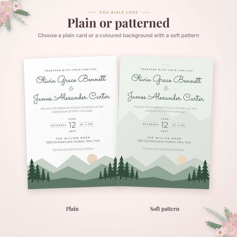 May include: Two wedding invitation cards featuring the text 'You aisle love', 'Plain or patterned', and 'Choose a plain card or a coloured background with a soft pattern'. The cards display the names Olivia Grace Bennett and James Alexander Carter.